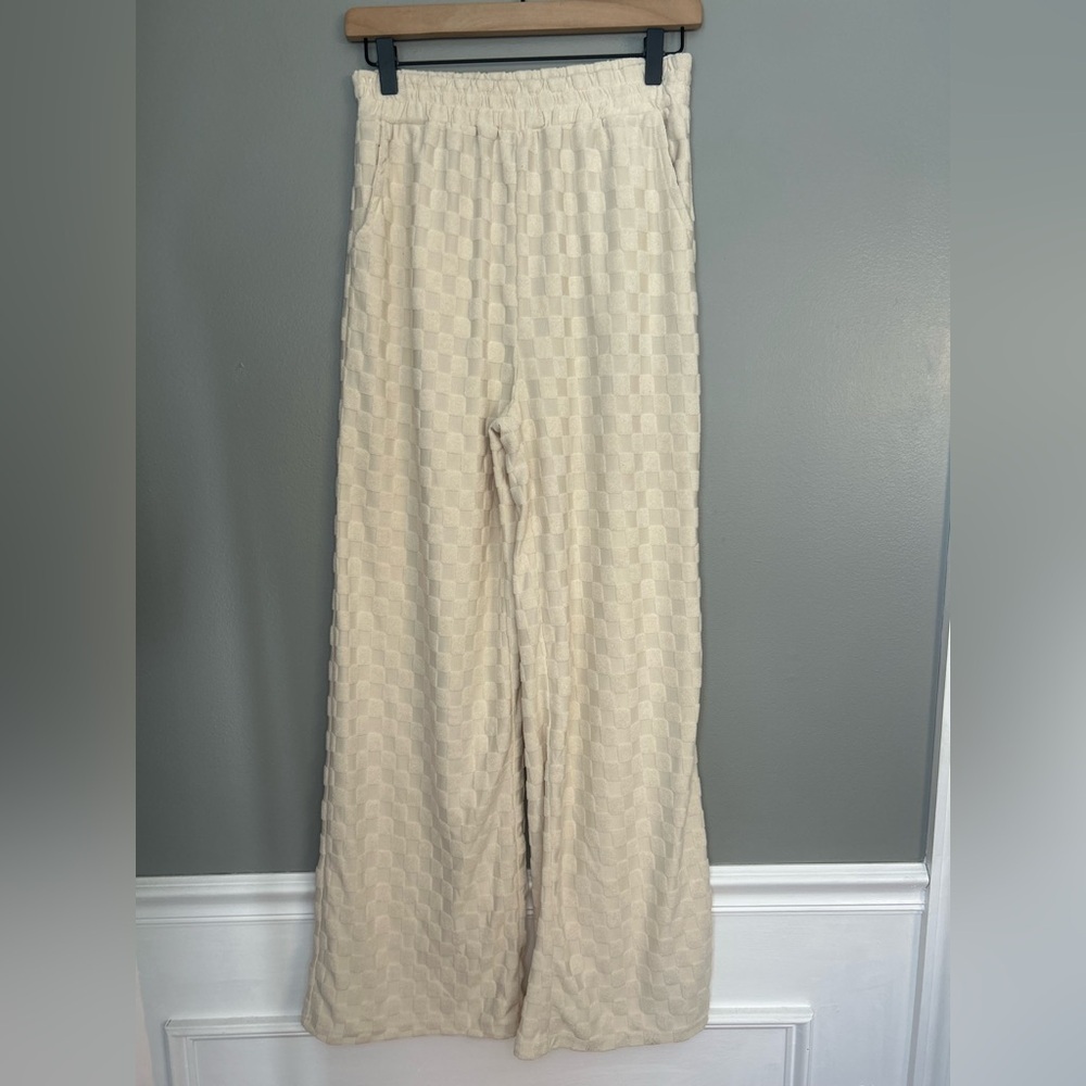 Papermoon Women’s Cream Checkered Terry Cloth Wide Leg Pants, Size Small